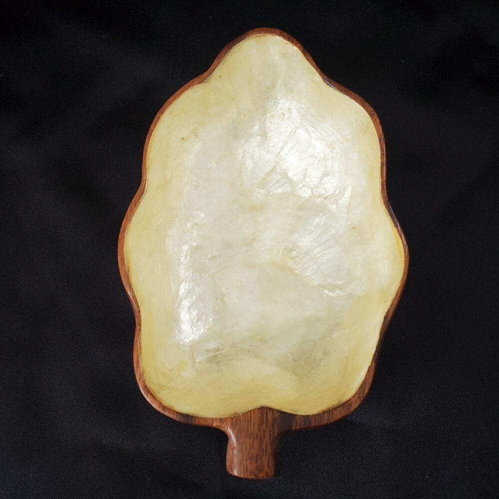 Vintage Monkey Pod Pear-Shaped Wood Bowl Capiz Shell Inlay Handcrafted Gorgeous - Picture 5 of 9